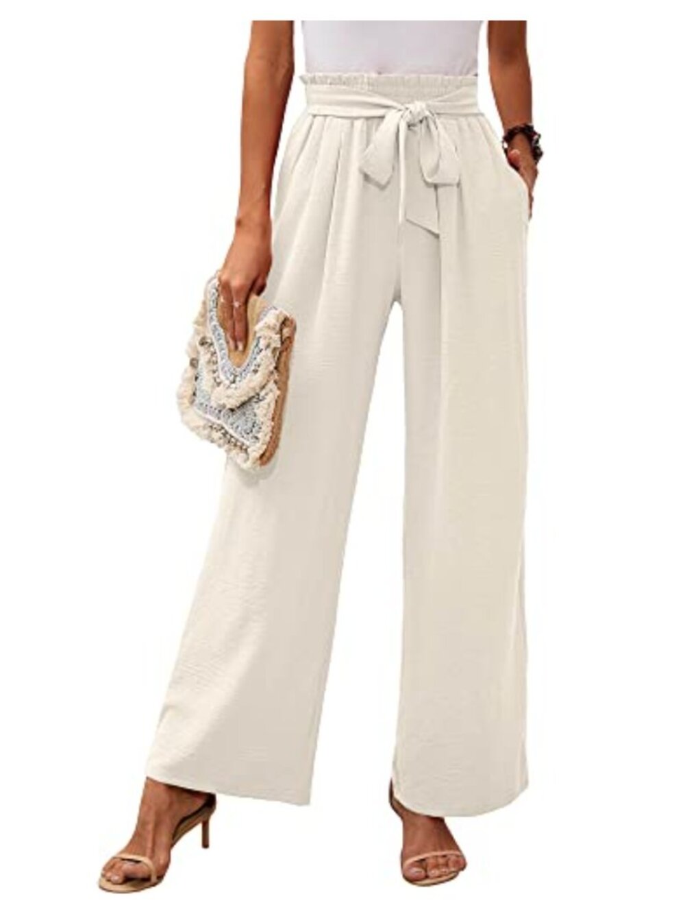 Wide Leg Pants with Pockets High Waist Tie Knot Lightweight Casual Trousers